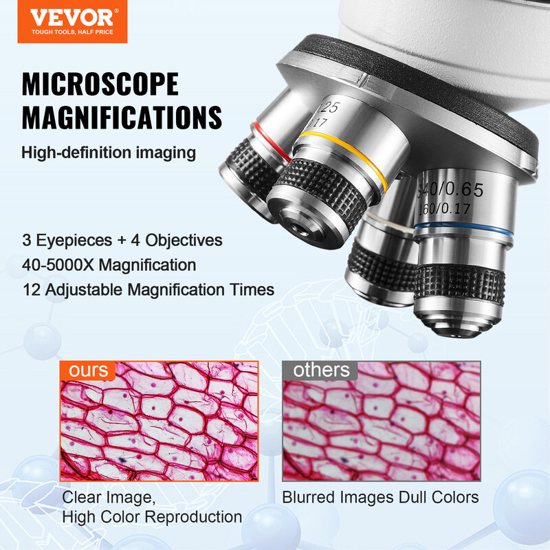 VEVOR-مجهر ثلاثي العينيات مجمع ، مجهر مختبر التكبير ، إضاءة LED ، واجهة خارجية ، 40X-2500 ، 40X-5000X