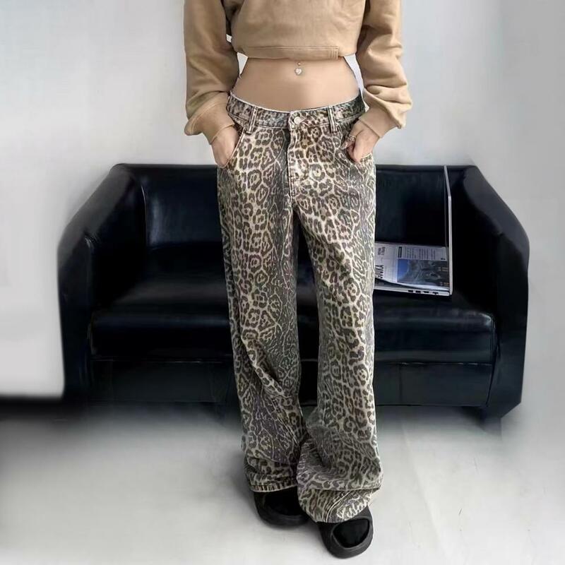 جينز بساق واسعة بطبعة جلد الفهد للنساء والرجال ، ملابس الشارع الرجعية ، بنطال جينز بجيوب هوب ، سحاب
