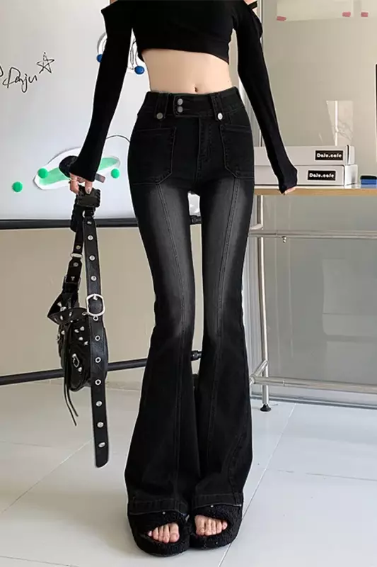 مضيئة السراويل الجينز الأسود المرأة عالية الخصر سليم صالح جينز مترهل #1