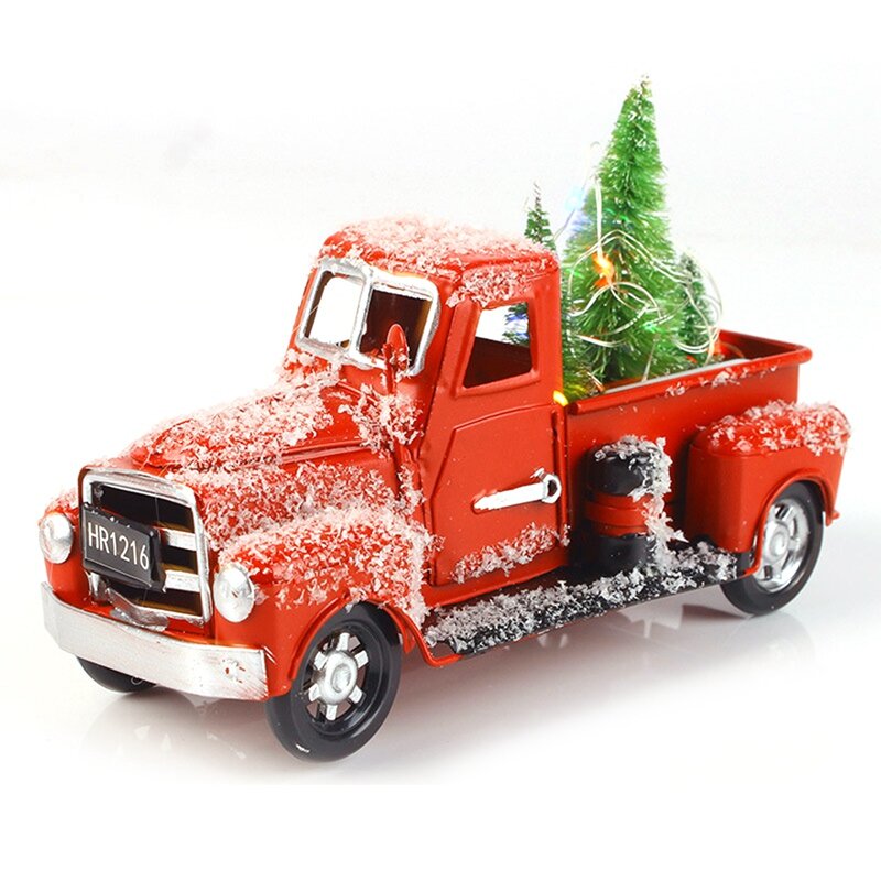 شاحنة حمراء عتيقة لتزيين عيد الميلاد ، ديكور شاحنة معدني مصنوع يدويًا ، ، ، ،