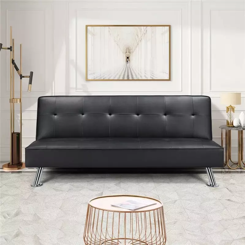 جلد صناعي سرير أريكة Futon قابل للتحويل ، سرير حديث ، سرير نوم لغرفة المعيشة ، فوتون قابل للطي ، أسود