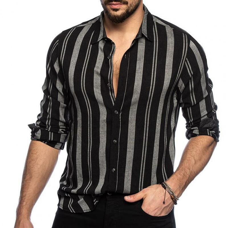 قميص رجالي طويل الأكمام مخطط سترة ، قميص غير رسمي بألوان متطابقة مع ياقة مطوية لأسفل ، مناسب للجسم ، جيد التهوية ، ناعم