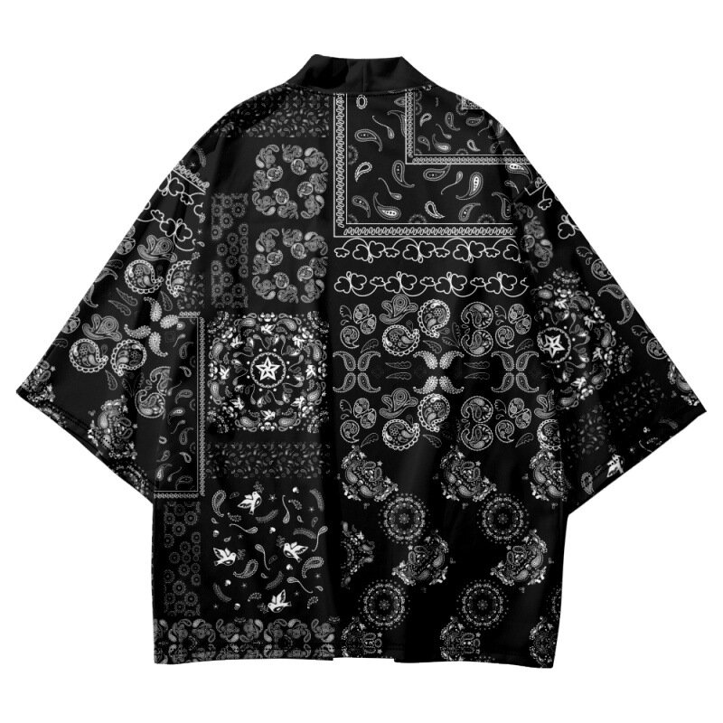أسود تقليدي الكاجو الزهور طباعة كيمونو 2022 جديد وصول الشارع الشهير الرجال سترة هاوري النمط الياباني ملابس الصيف القمم