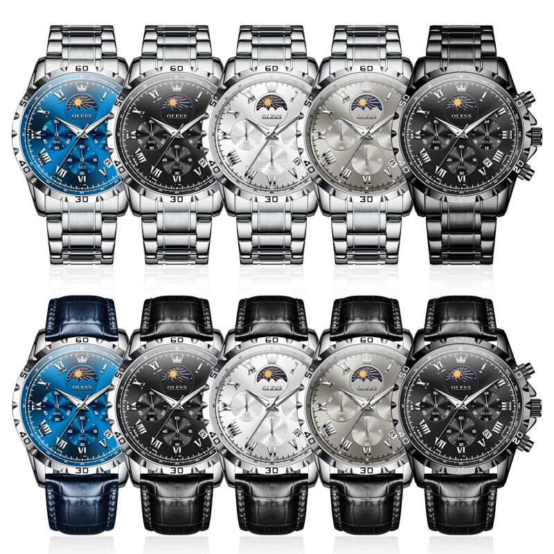 ساعة OLEVS-ساعة كوارتز للرجال على طور القمر ، ساعات مضيئة ، تقويم هيكل عظمي ، علامة تجارية عصرية ، ساعة يد مصادقة ، أصلية