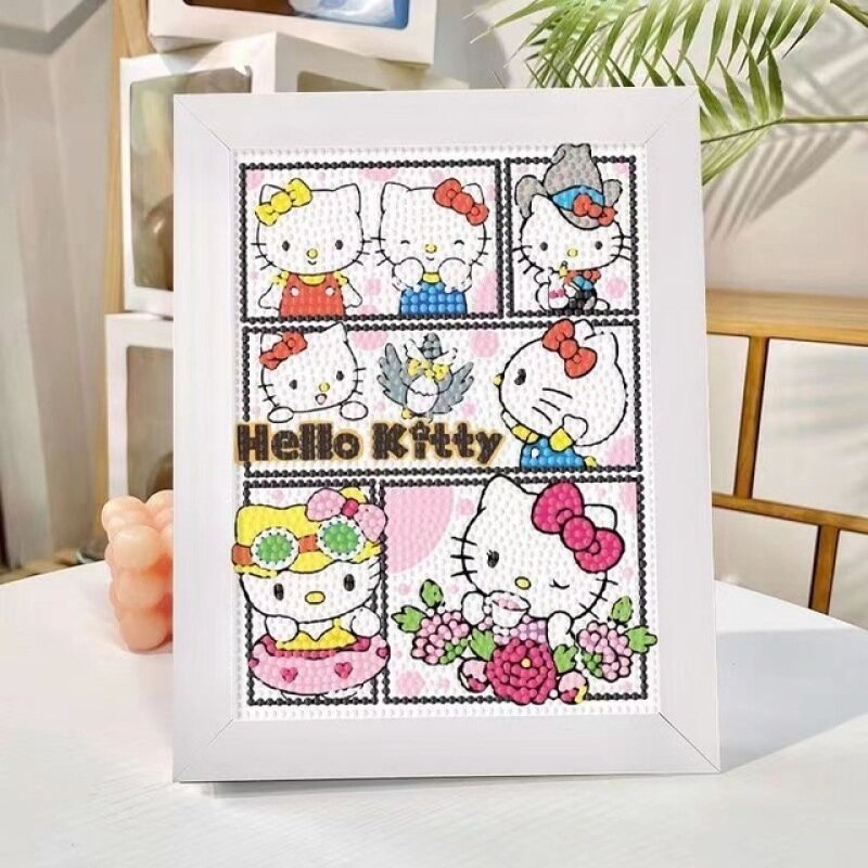 Sanrio Hello Kitty لوحة كرتونية ماسية ، مجموعات غرزة متقاطعة الصنع ، فن الفسيفساء ، ديكور المنزل مع إطار ، 5D