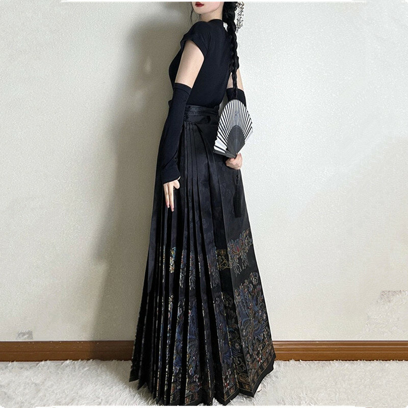 تنورة نسائية تقليدية بطيات على الطراز الصيني ، هانفو أسود عرقي ، أزياء رفيعة ، تنورات طويلة بأربطة تناسب جميع الملابس ،