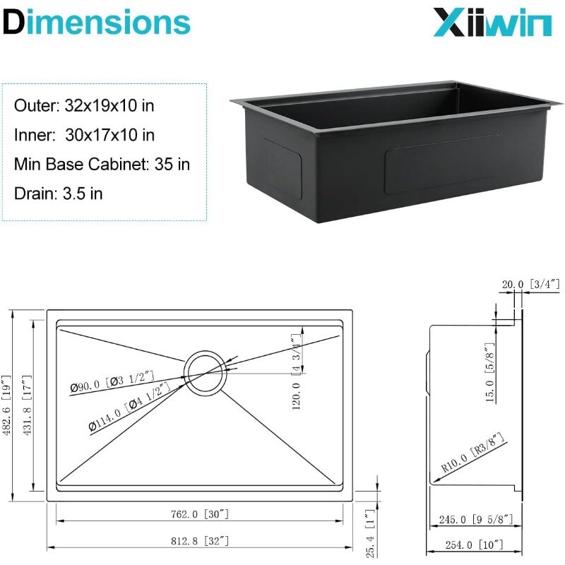 حوض مطبخ أسود تحت جبل ، وعاء واحد من الفولاذ المقاوم للصدأ ، مقياس Xiiwin 16 ، 32 × 19 × 10 بوصة