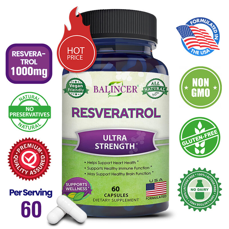 Balincer Resveratrol ملحق مضاد للأكسدة ، يدعم المناعة ووظائف الدماغ ، صحة القلب ومستويات الطاقة