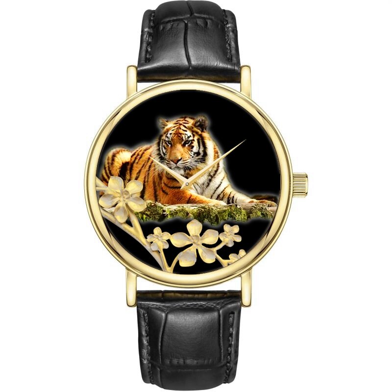 ساعة اليد الأفوكادو الملك النمر المرأة ساعة كوارتز الذهب الأسود جلدية فاخرة هدية