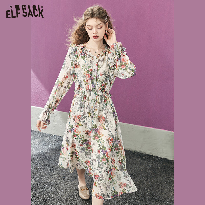 ELFSACK الفرنسية الشيفون فستان زهري المرأة 2023 الربيع عالية الخصر فستان يومي