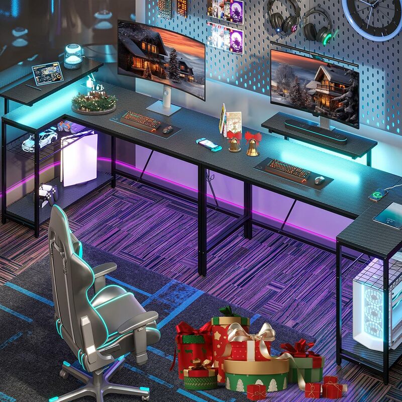 مكتب ألعاب على شكل حرف L مع أضواء LED ومنافذ طاقة ، مكتب زاوية مكتب منزلي قابل للعكس ، أسود من ألياف الكربون ، 58