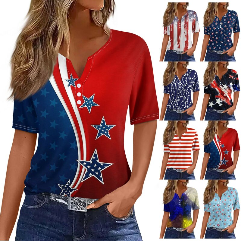تي شيرت نسائي كلاسيكي علم الولايات المتحدة الأمريكية ، الصيف ، أمريكا ، قمم وطنية ، ملابس نسائية ، ملابس عطلة تي شيرت