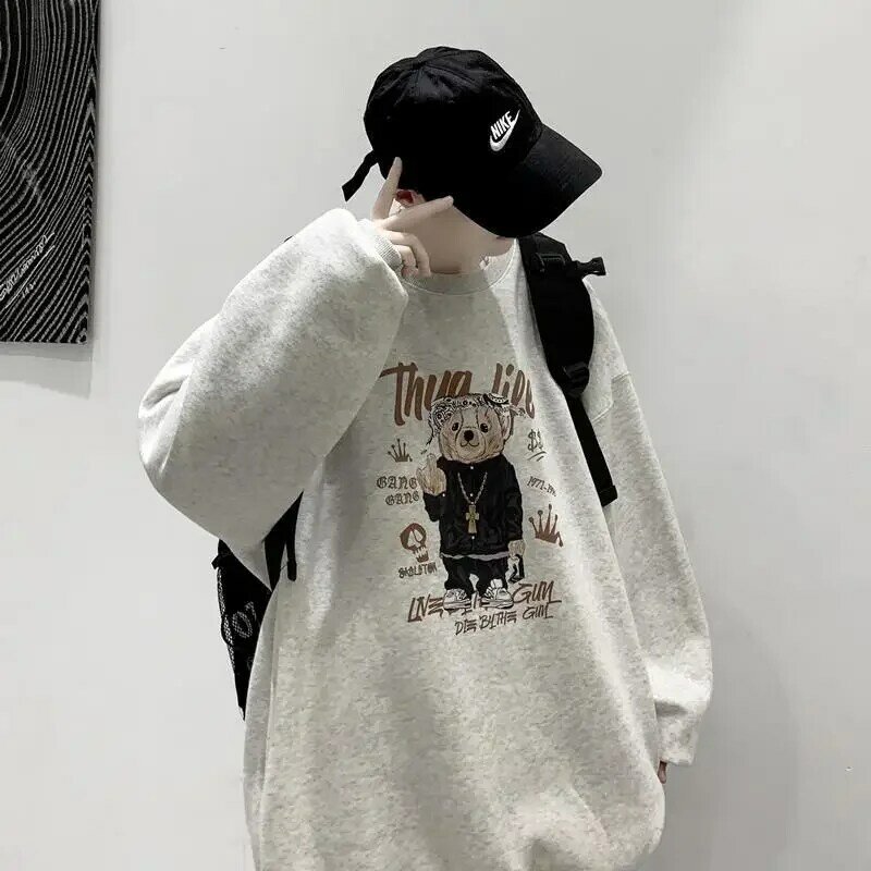 Spring and Autumn Round Neck Pullover Bear Print Korean Women's Loose and Versatile Top Plush Thickened Trend Women's Top