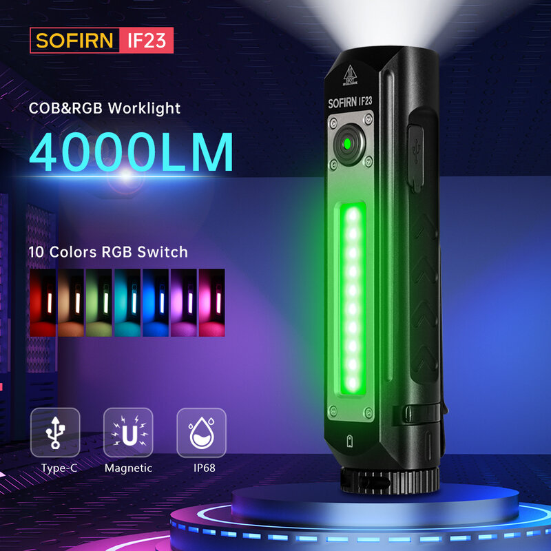 Sofirn IF23 RGB ضوء 4000lm مصباح LED قوي 21700 5 فولت 3A USB C قابلة للشحن الكاشف الأضواء الشعلة مع المغناطيسي