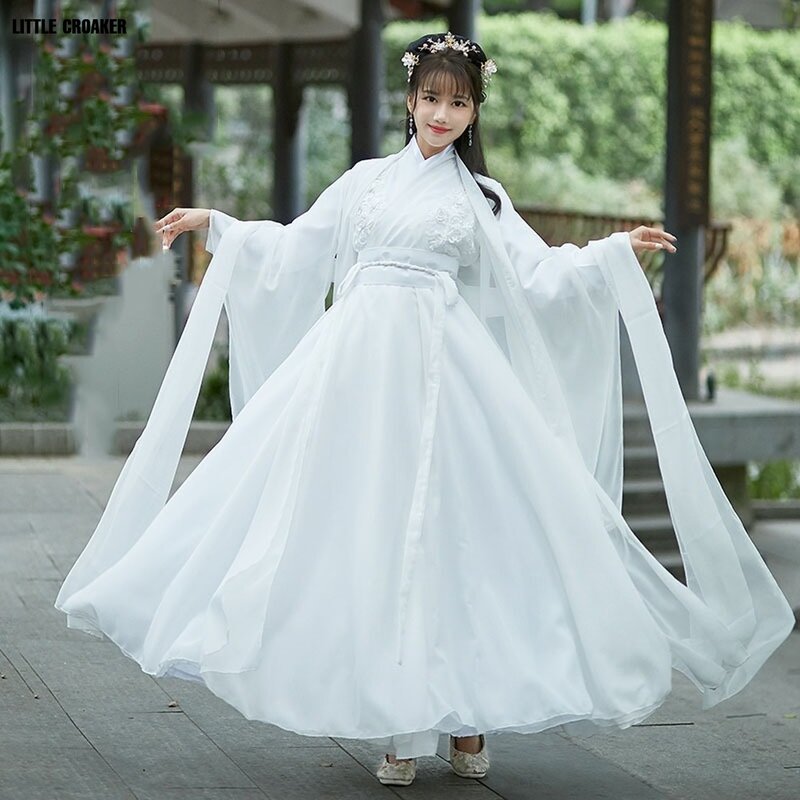 هالوين الأميرة القديمة الجنية تأثيري حلي الصينية التقليدية الرقص الشعبي مرحلة الأداء الأبيض Hanfu فستان امرأة