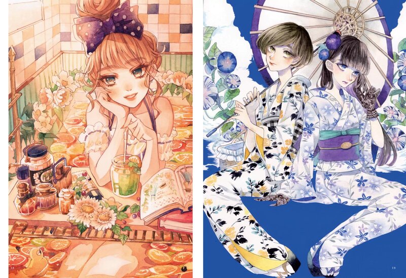 جديد ألوان مائية شفافة مرسومة باليد مجموعة كتاب ريترو فستان فتاة اليابانية التوضيح جمع الرسوم المتحركة