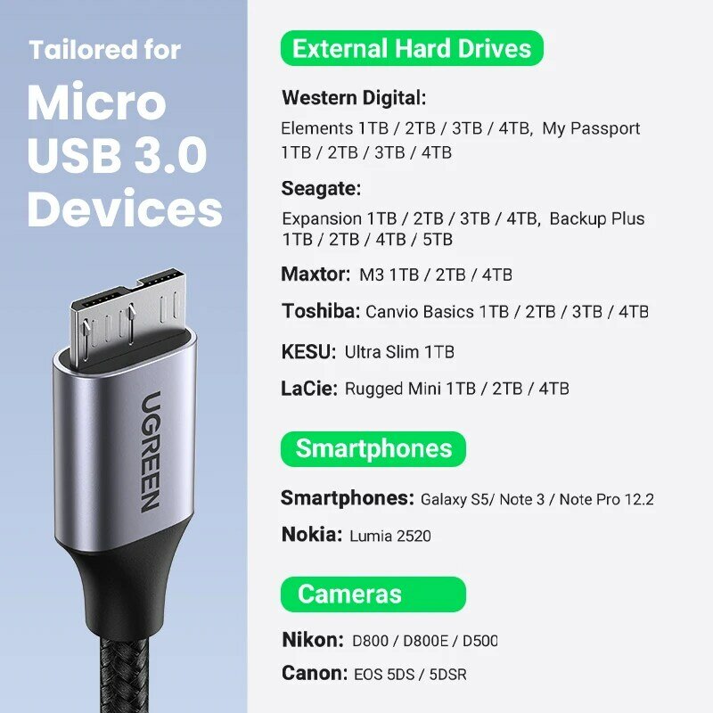 يوجرين مايكرو USB 3.0 كابل 3A 1 متر شحن سريع كابل بيانات USB الحبل كابلات الهاتف المحمول لسامسونج نوت 3 S5 توشيبا القرص الصلب