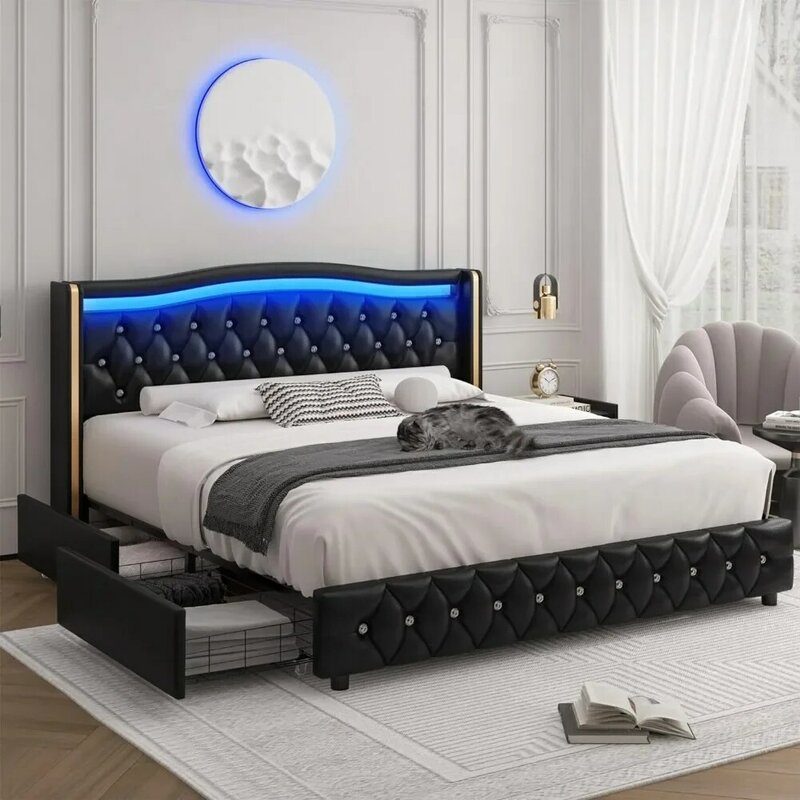 إطار سرير LED ذكي كينج مع أدراج تخزين ، زر كريستال ، معتم ، حافة ذهبية غير قابلة للصدأ ، لوح أمامي خلفي ، أسرة