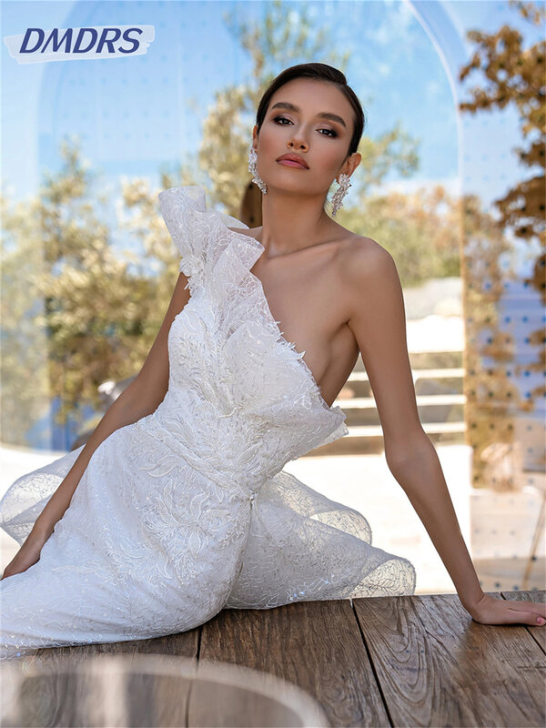 فستان زفاف رومانسي بأكمام واحدة على الكتف ، فستان زفاف على شكل حرف A ، دانتيل كلاسيكي ، طول الأرضية ، ساحر ، من الدانتيل