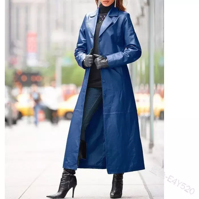 المرأة سترة جلدية واحدة الصدر ، معطف طويل إضافي ، كم طويل عادية ، معطف الشارع ضئيلة ، من المألوف