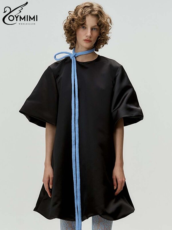 Oymimi-فستان نسائي فضفاض بأكمام منفوخة أحادي اللون برقبة دائرية ، فساتين قصيرة بأزرار ، ملابس الشارع غير رسمية ، وردي غامق ، أنيق ، موضة جديدة