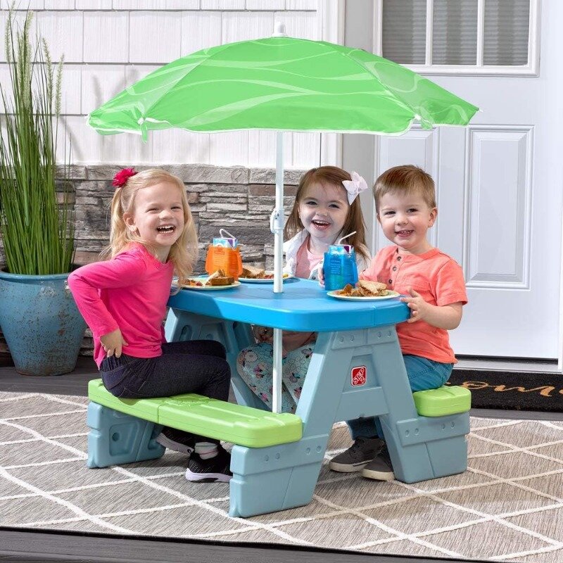طاولة رحلات مع مظلة قابلة للإزالة للأطفال ، مقاعد تحت الشمس والظل ، داخلية وخارجية ، 4 مقاعد ، سهلة التجميع
