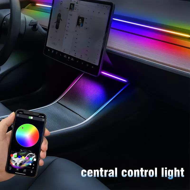 شريط إضاءة ليد نيون RGB لنموذج تسلا 3 Y ، لوحة القيادة المركزية ، الشحن اللاسلكي ، الإيقاع الموسيقي ، طاقة USB ، التحكم بالتطبيق