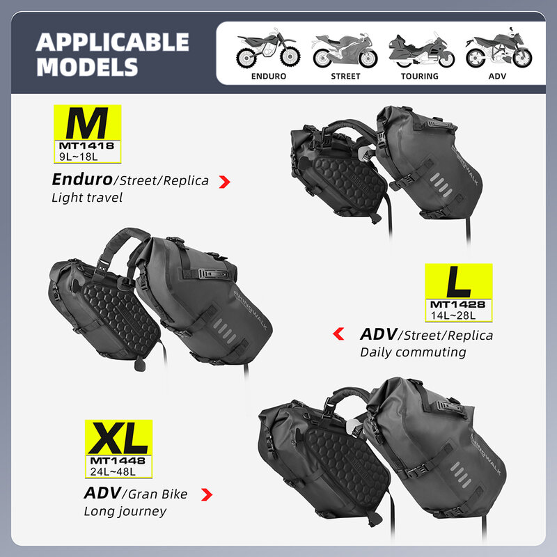 حقيبة رانوووك للدراجات النارية عدد 2 قطعة 100% مقاومة للمياه 18L/28L/48L مناسبة عالمية للدراجات النارية حقيبة السروج حقائب تخزين جانبية