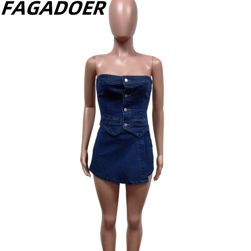 FAGADOER-شورت جينز أزرق ومجموعة علوي نحيف للنساء ، مرونة ، ملابس بلا أكمام ، ملابس رعاة البقر ، موضة الصيف ، قطعتان