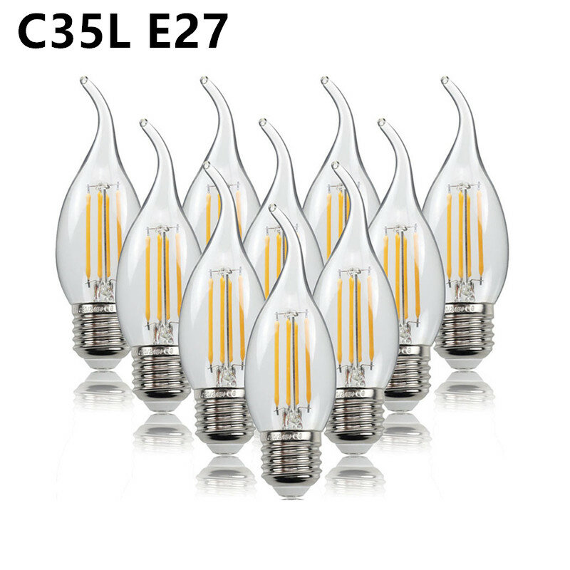 10 قطعة LED خيوط لمبة E14 E27 E12 C35 C35L 220 فولت 110 4 واط 6 واط الدافئة الأبيض عكس الضوء الزجاج 360 درجة اديسون الرجعية شمعة ضوء Blubs