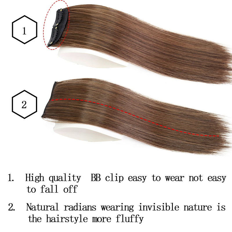 مشبك اصطناعي فوق وصلات الشعر ، وسادات شعر غير مرئية غير ملحومة ، قطع شعر مستعار بني طويل مستقيم لإضافة الشعر