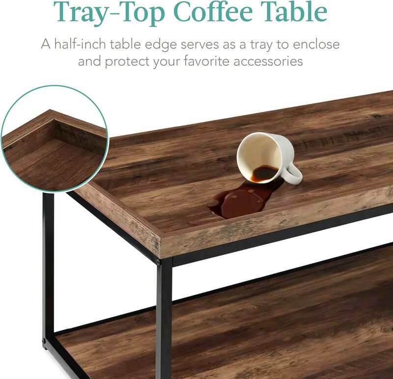 طاولة قهوة مستطيلة الشكل بالأعلى للمنزل ، أثاث مخفي بلكنة ، إطار معدني ، رف بني ، منتجات ، 44 بوصة ، 2 طبقة