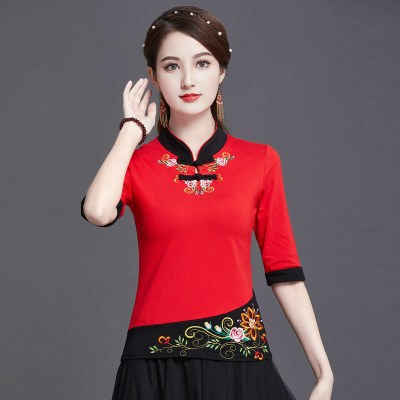 الملابس الصينية التقليدية للنساء ، بلوزات بمقاسات كبيرة ، تطريز بمزيج من القطن ، قميص تنكري ملون ، قمصان صيفية ، 2024