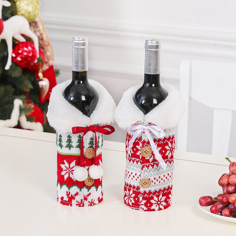 كيس زجاجة نبيذ الكريسماس ، أكياس زجاجة نبيذ الكريسماس ، ديكور فستان زجاجة نبيذ ، ديكور مثالي لطاولة الكريسماس ، 2 من زجاجة