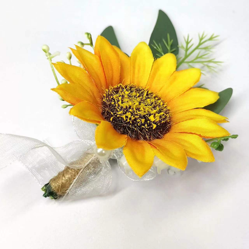 BAIFUMINGYI عباد الشمس الاصطناعي الزهور المعصم الصدار وصيفة الشرف العريس الزفاف Boutonniere Mariage أوم