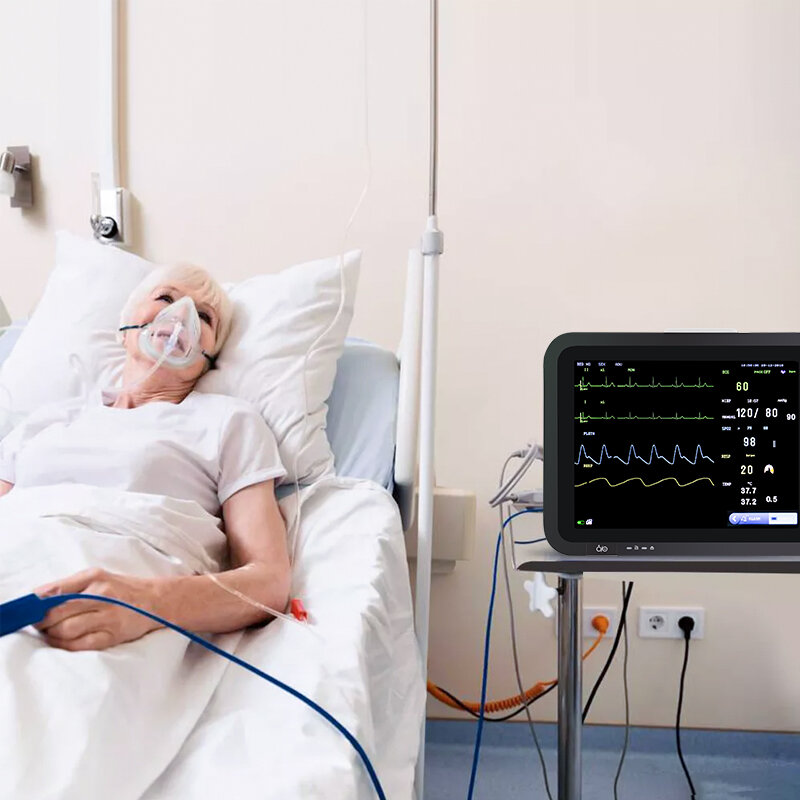 جهاز مراقبة المرضى الطبي معدات القلب 12 بوصة جهاز مراقبة الإشارات الحيوية القابل للحمل سرير عيادة المستشفى SpO2 ECG NIBP