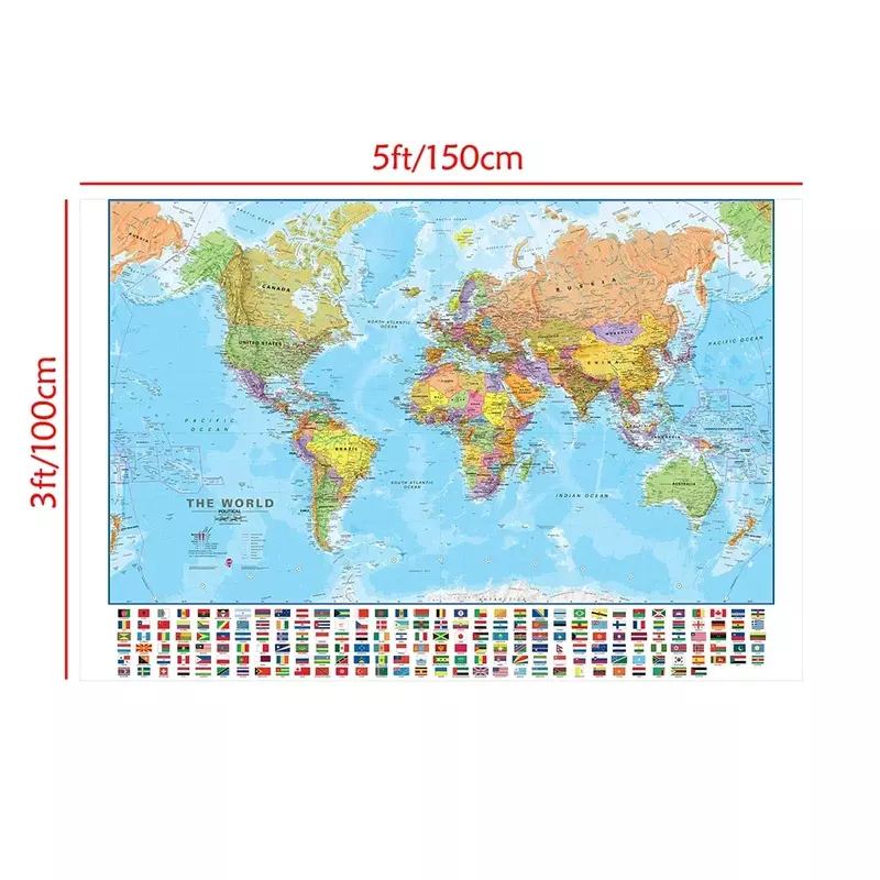 خريطة العالم مع علم الدولة ، لوحة غير منسوجة ، ملصق فني جداري ، ديكور مكتبي ، لوازم مدرسية والسفر ، 150x100cm