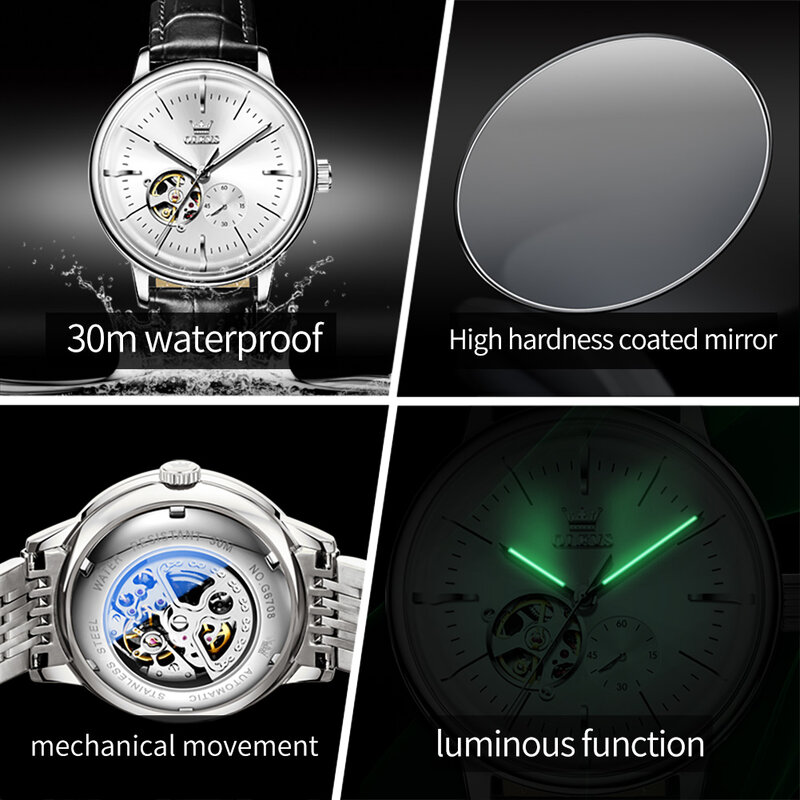 ساعة ميكانيكية بسوار جلد OLEVS للرجال ، كرونوغراف أوتوماتيكي ، فولاذ مقاوم للصدأ ، مجوف ، كلاسيكي ، ترفيهي