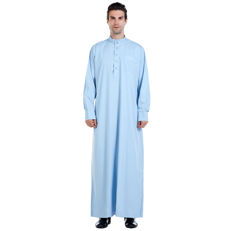 زي رجالي وطني بأزرار ، ملابس إسلامية ، أحادية اللون ، كم طويل ، ياقة واقفة ، نوبل ، جبا ، المملكة العربية السعودية