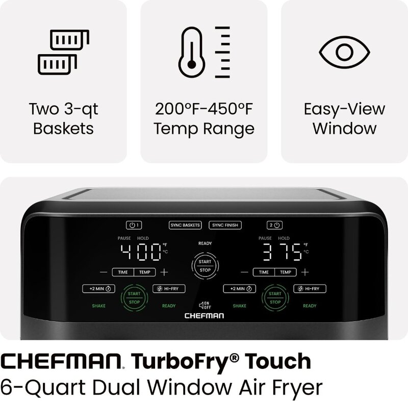 CHEFMAN-سلة مزدوجة فرن مقلاة هوائية ، نوافذ رؤية سهلة ، إنهاء متزامن ، هاي-فراي ، 6 كوارت