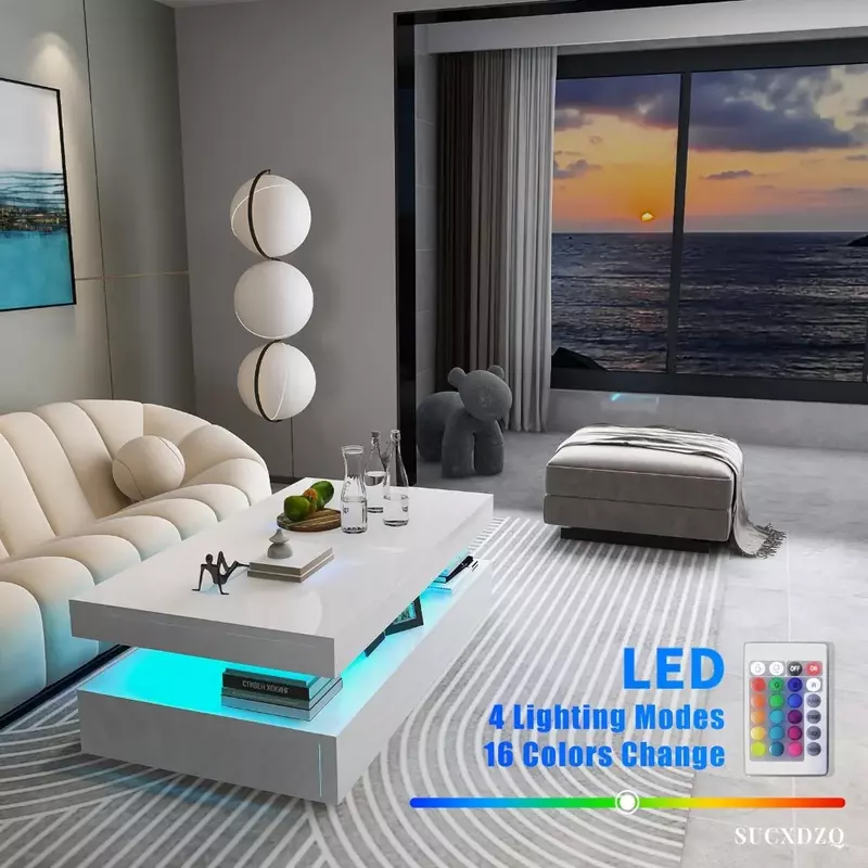 طاولة قهوة بيضاء مستطيلة مع جهاز تحكم عن بعد ، لمعان عالي ، أثاث حديث ، ضوء LED RGB ، غرفة المعيشة