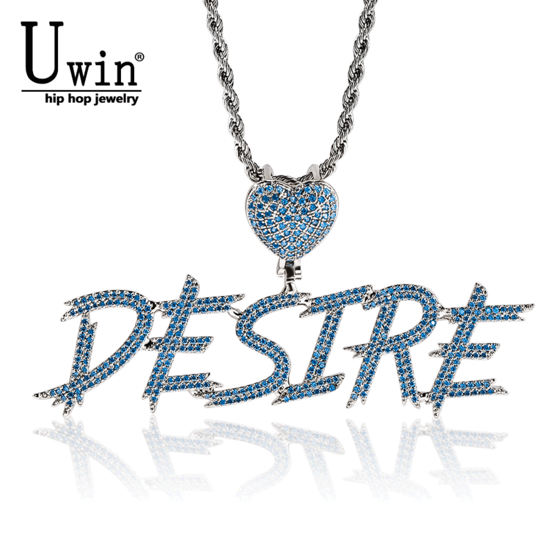 Uwin مخصص رسائل قلادة مخطوطة اسم قلادة الأزرق القلب المشبك مثلج خارج زركون مجوهرات الأزياء ل هدية الكريسماس