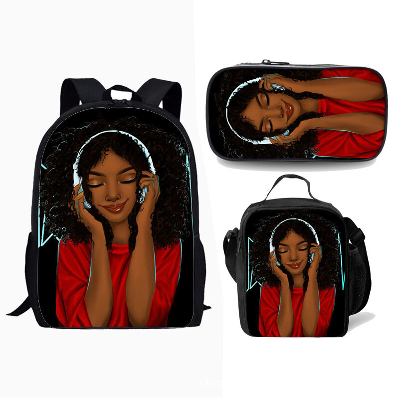 حقيبة مدرسية ثلاثية الأبعاد للفتيات السود ، حقيبة ظهر للتلميذ ، حقيبة نهارية للكمبيوتر المحمول ، حقيبة غداء ، حقيبة أقلام رصاص ، كلاسيكية جديدة ، فتاة إفريقيّة ، 3 * لكل مجموعة
