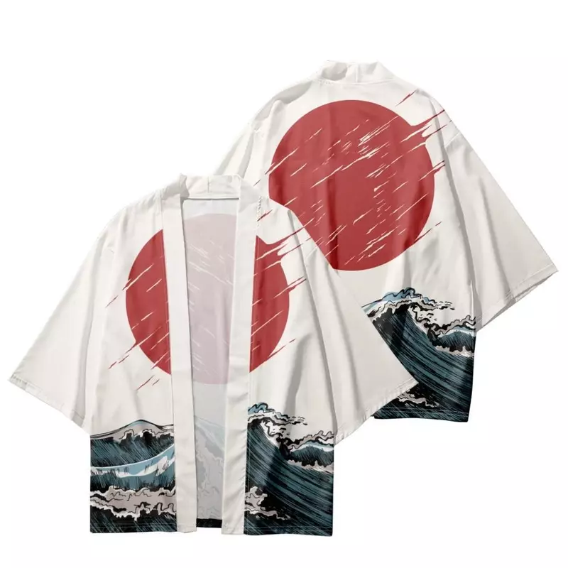 كيمونو تقليدي مع طباعة موجية للرجال والنساء ، قميص بأكمام 3 أو 4 أكمام ، أزياء هاوري ، ملابس الشارع يوكاتا ، الصيف ، ،