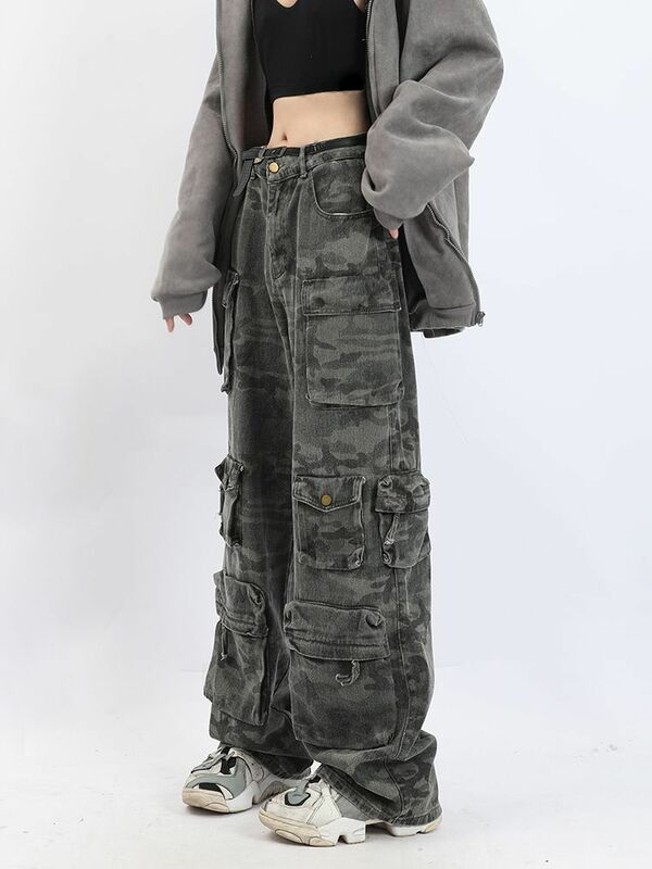 الرجعية الهيب هوب السراويل العسكرية المموه متعددة جيب غسل Y2k موضة عالية الخصر الجينز امرأة زوجين Harajuku عادية بنطال ذو قصة أرجل واسعة