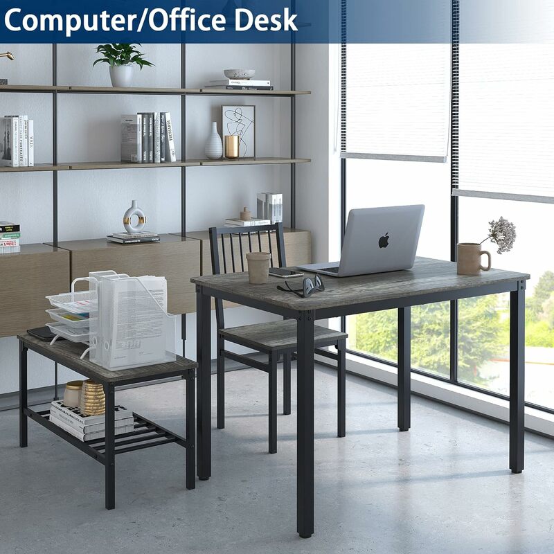 طاولة طعام ومكتب كمبيوتر لأربعة ، طاولة مطبخ ، مقعديان ومقعد ، إطار بلوط أسود ، أسود