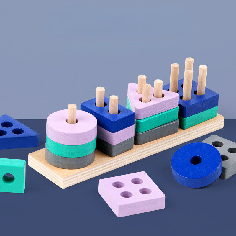 لعبة مونتيسوري خشبية ألعاب مكعبات البناء العمود الأشكال الهندسية يقترن الاطفال لغز لعب للأطفال بنين بنات