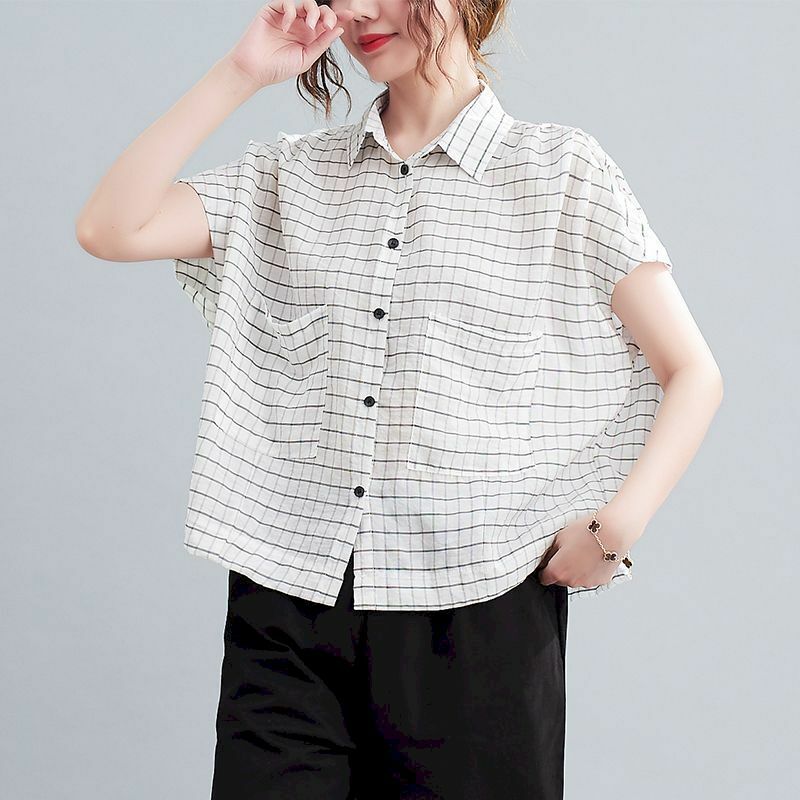 95% قمصان القطن النساء اليابانية Vintage قميص قصير الأكمام غير رسمي موضة مخطط فضفاض التخسيس بلوزة الصيف الاتجاه رقيقة قميص