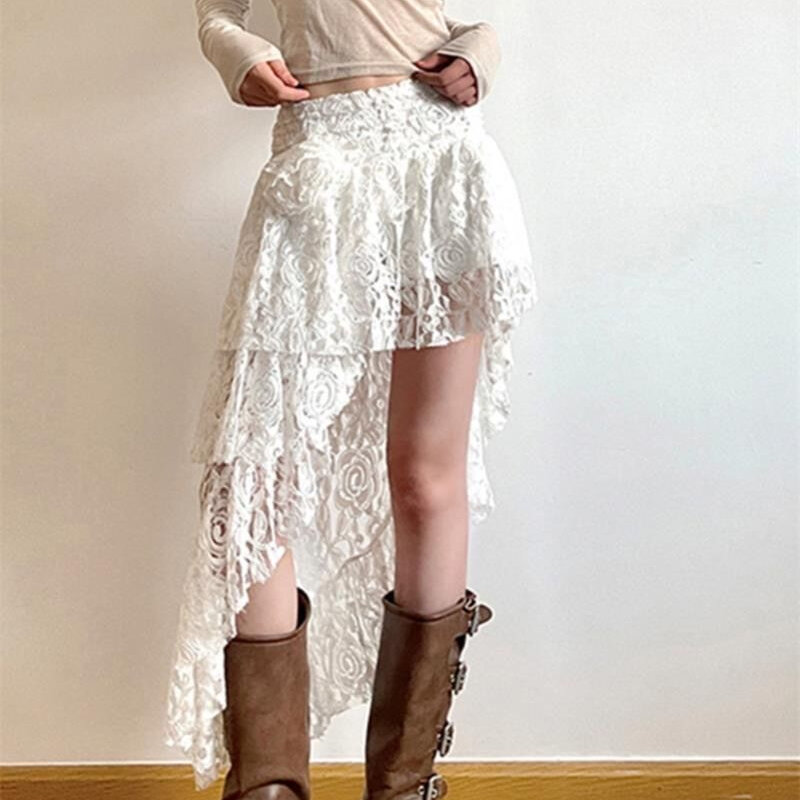 ديبتاون-تنورة دانتيل تول بوهيمي للنساء ، تنورات بيضاء أنيقة ، طبقات عتيقة غير منتظمة ، تنورة قصيرة متوسطة ، موضة كورية ، صيف الشارع