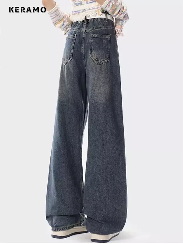 جينز بتصميم رقعة نجوم للنساء ، تطريز كلاسيكي اومري ، بنطال جينز غير رسمي ، خصر مرتفع ، بنطال مستقيم فضفاض ، نسائي